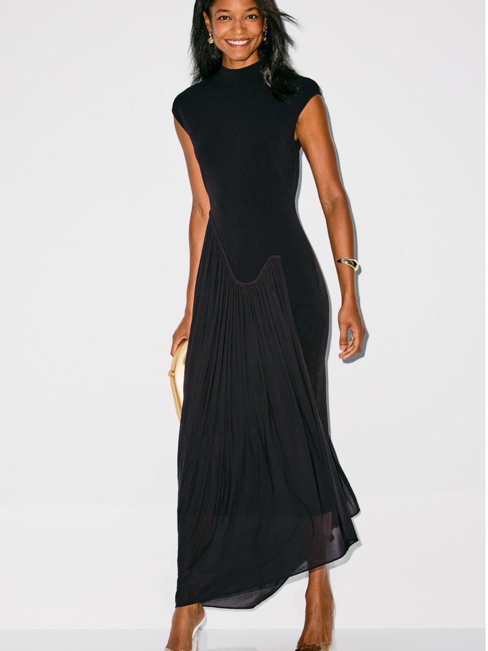 Et Ochs Cap-Sleeve Black Asymmetrical Pleated-Panel Midi Dress